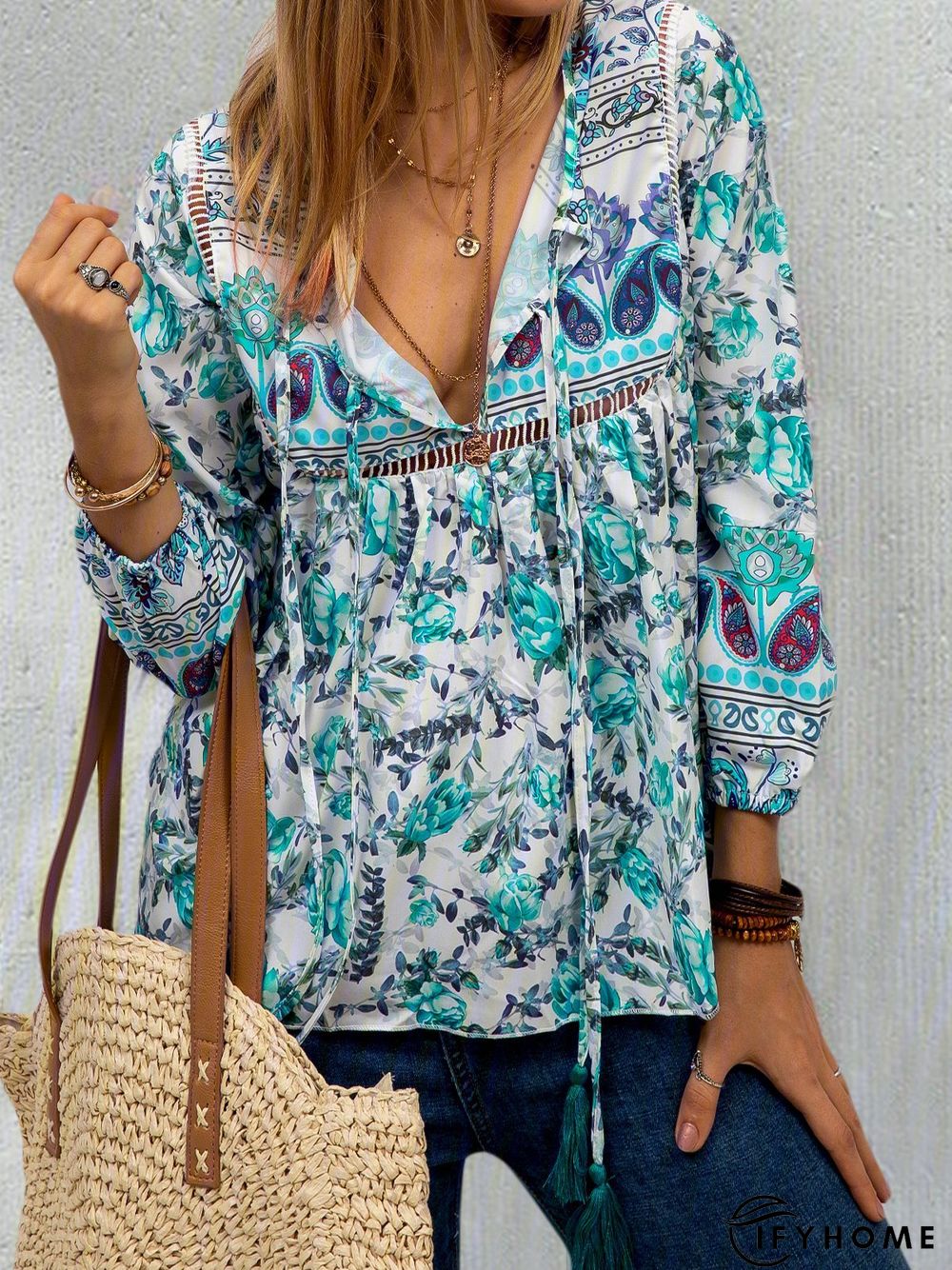 Ethnic Bohemian Floral Print Long Sleeve V-Neck Women Blouse Top | IFYHOME