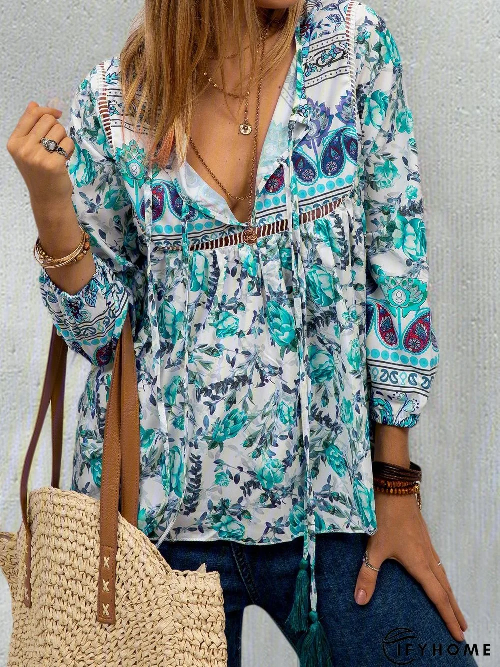 Ethnic Bohemian Floral Print Long Sleeve V-Neck Women Blouse Top | IFYHOME