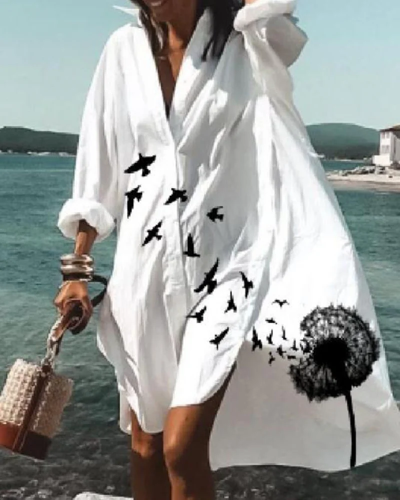 Casual Lapel Mid-length Shirt Print Dress