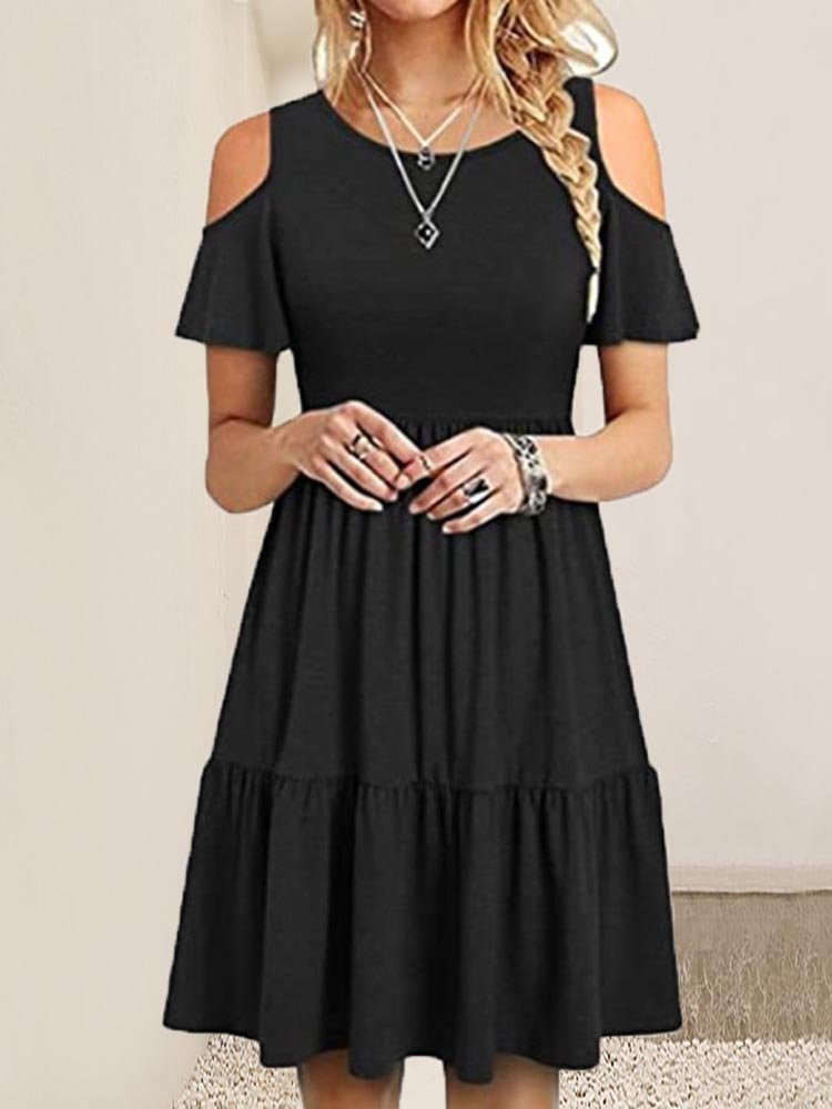 Women's Cold Shoulder Short Sleeve Floral Printed Midi Dress