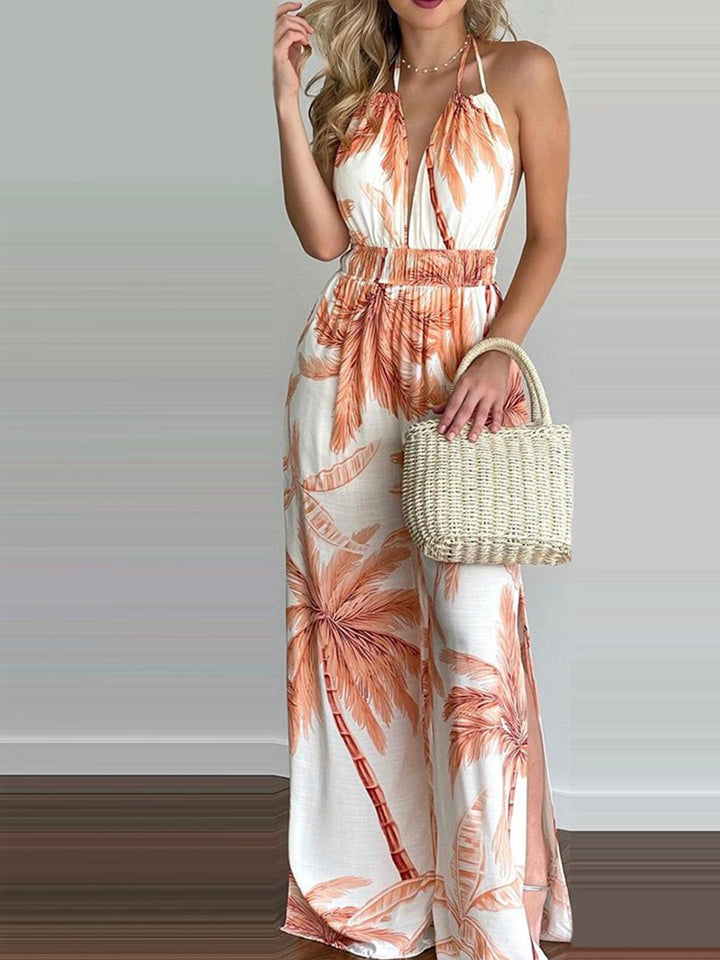 Romantic Printed Deep V-Neck Wide Legs Two-Piece Set