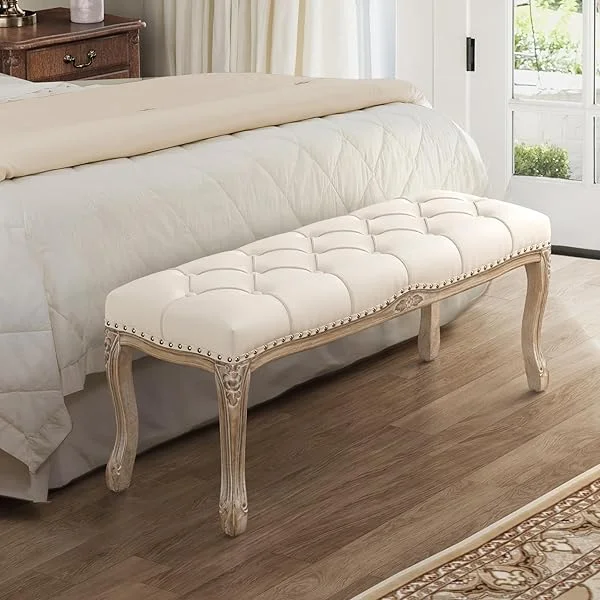 Bedroom Bench, French Vintage Tufted Entryway Bench, 45.2" Carving Upholstered End of Bed Bench with Distressed Wood Legs, Linen Ottoman Bench Seat for Living Room, Foyer, Dining Room, Beige 45.2 IN Beige