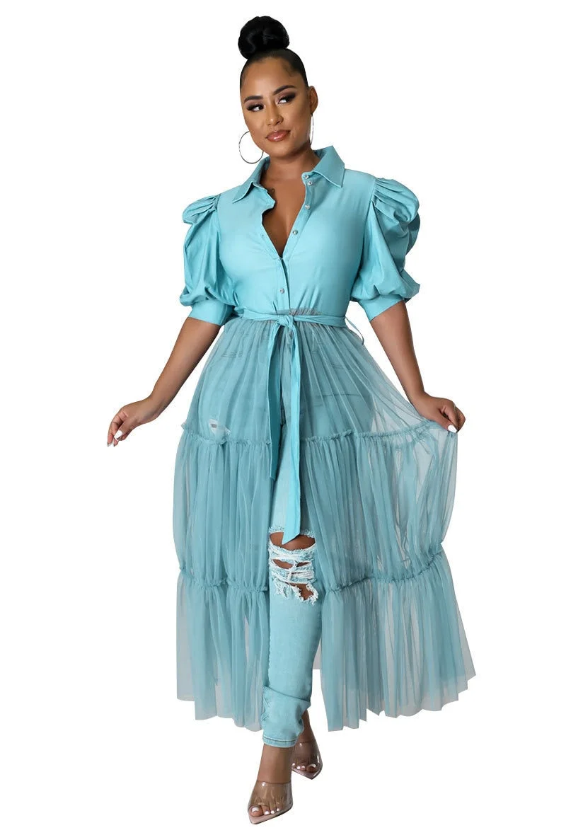 CM.YAYA Women Elegant Mesh Patchwork Lantern Short Sleeve High Waist Single Breasted Shirt Style Long Maxi Dress 2022 Summer