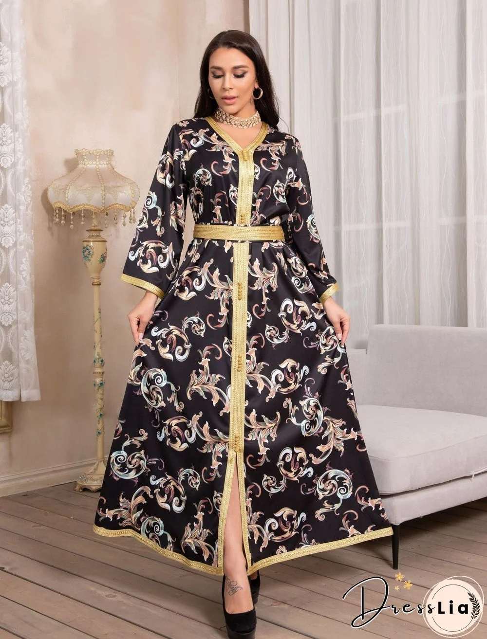 V Neck Long Sleeve Gold Belt Decorated Dress