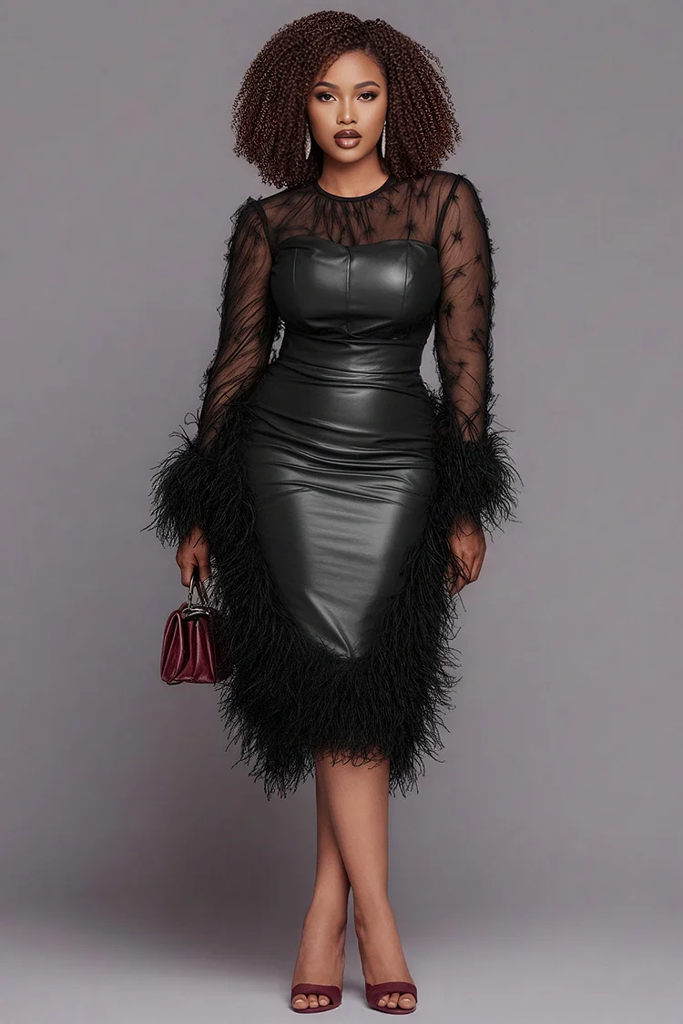 Xpluswear Design Plus Size Cocktail Party Burgundy Round Neck Long Sleeve Trimmings Elegant See Through Tulle PU Leather Midi Dresses [Pre-Order]