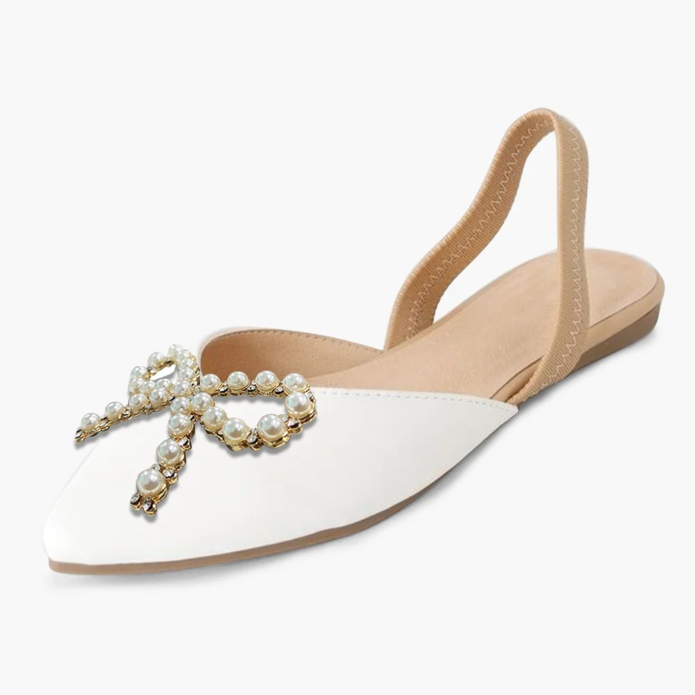 White Pointed Toe Leather Mules With Pearl Bow Decor Slingback Flats Nicepairs