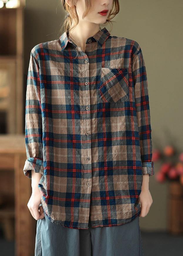 DIY Blue Plaid Blouses For Women Lapel Pockets Art  Tops