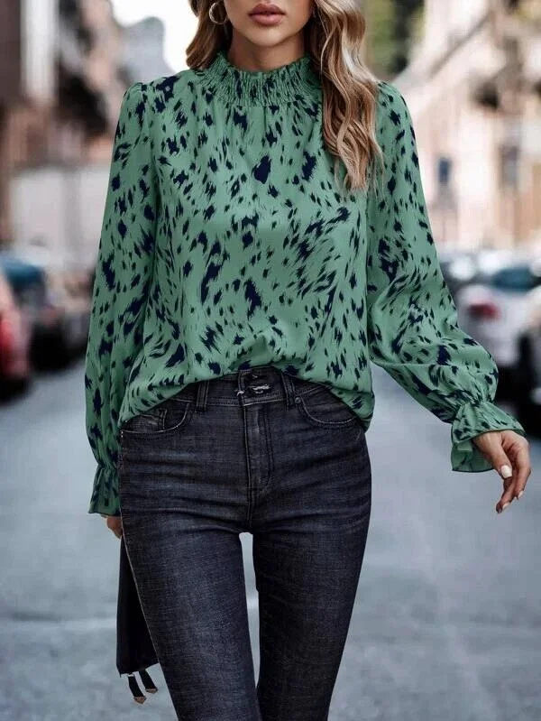 jangj Spring Women Loose Pullover Shirts Causal Long Sleeve Half Turtleneck Fit Tops Leopard Print Ruffled Collar Elegant Blusas