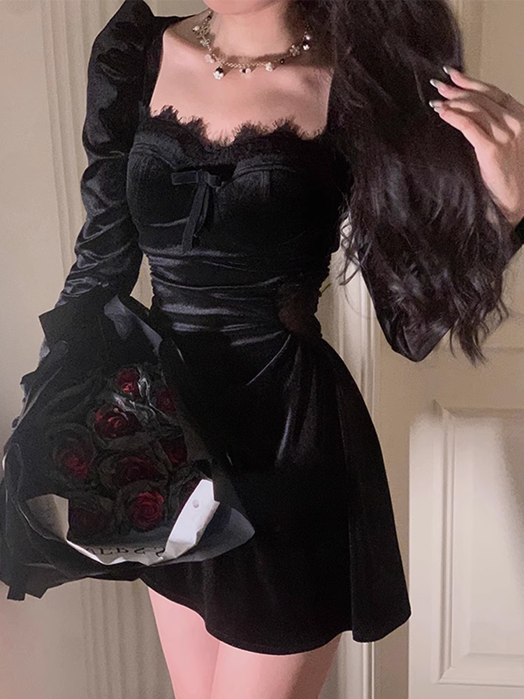 GEUMXL- Fall Outfits Outwear hoco dresses women's little black velvet short dress Black velvet dress, women's autumn outfit, cinched waist, French retro, niche design, long skirt