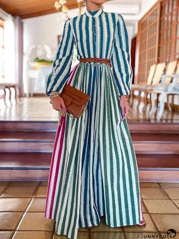 Elegant Stand-up Collar Striped Long Dress