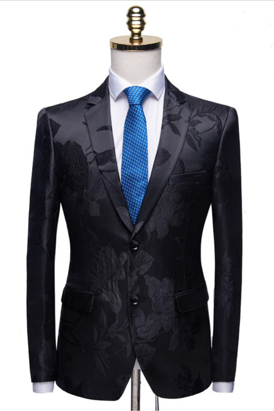 Miabel Stylish Notched Lapel Two Buttons Men's Suits Floral Jacquard Black Wedding Tuxedos