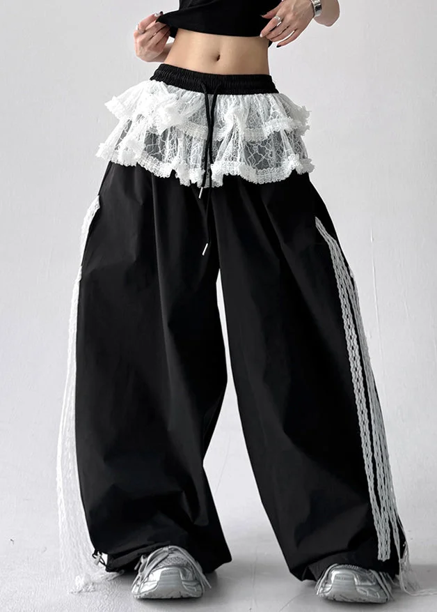 Black Elastic Waist Cotton Fall Pants Lace Asymmetrical Fall