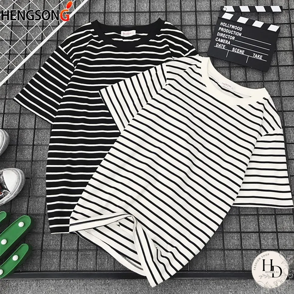 Womens Short Sleeve Shirt Classic Black & White Striped Loose Casual topper Harajuku