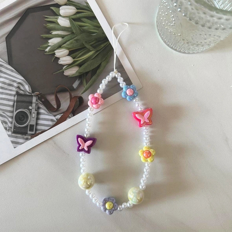 Sweet Minimalist Flower Butterfly Arylic Artificial Crystal Beaded Plating Mobile Phone Chain