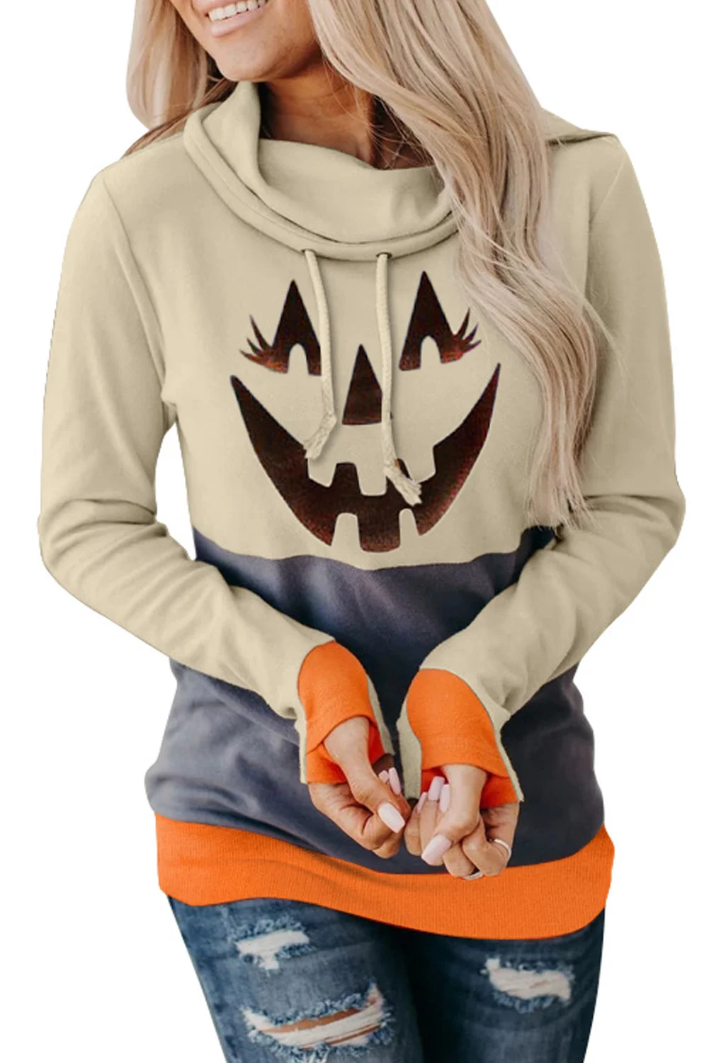 Gray Cowl Neck Pumpkin Print Color Block Halloween Sweatshirt