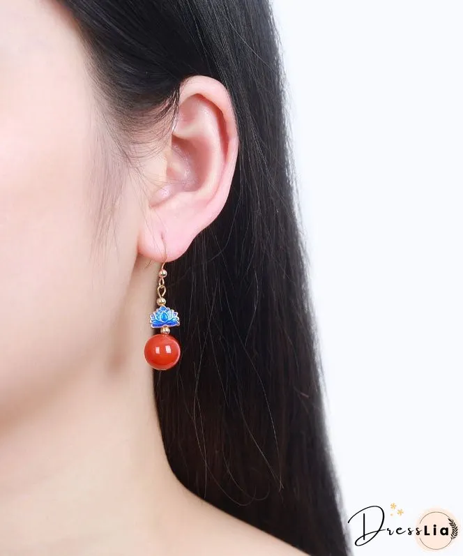Women Red 14K Gold AgateCloisonne Drop Earrings