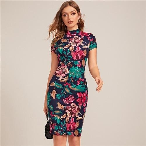 Mayoulove Pencil Dress Mock-Neck Fitted Floral Dress Cap Sleeve Elegant Bodycon Dress-Mayoulove