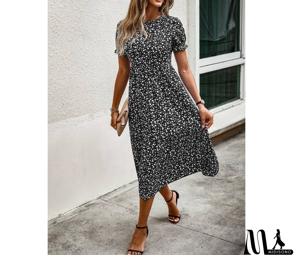 MidiSono - Floral Print Round Neck Color Block High Waist Fit Dress