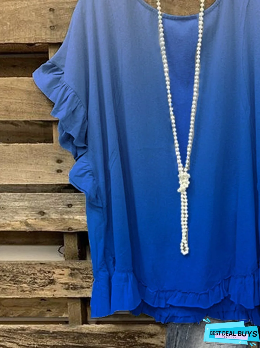 Blue Ombre/Tie-Dye Printed Ruffled Short Sleeve Shift Top