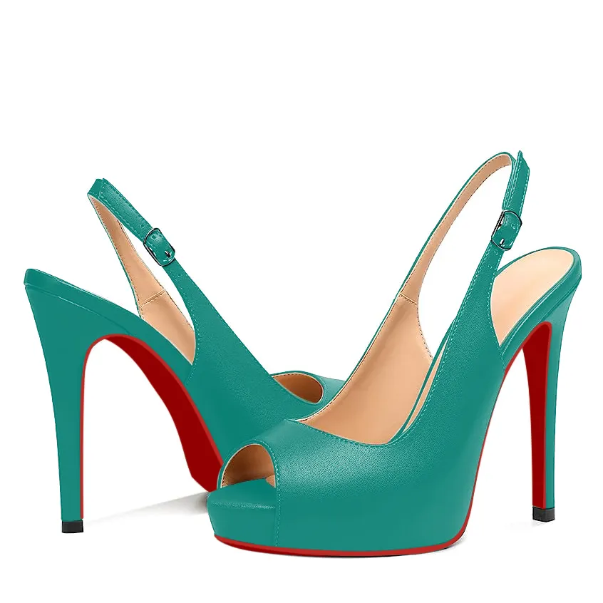 120mm Strap Slingback Sandals Peep Toe Platform Stilettos Red Bottom Matte Heels-vocosishoes