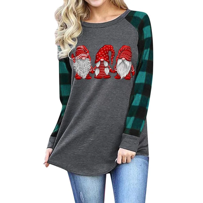 Women's Hoodie Christmas Gnomes Plaid O-Neck Long Sleeve Loose Shirt