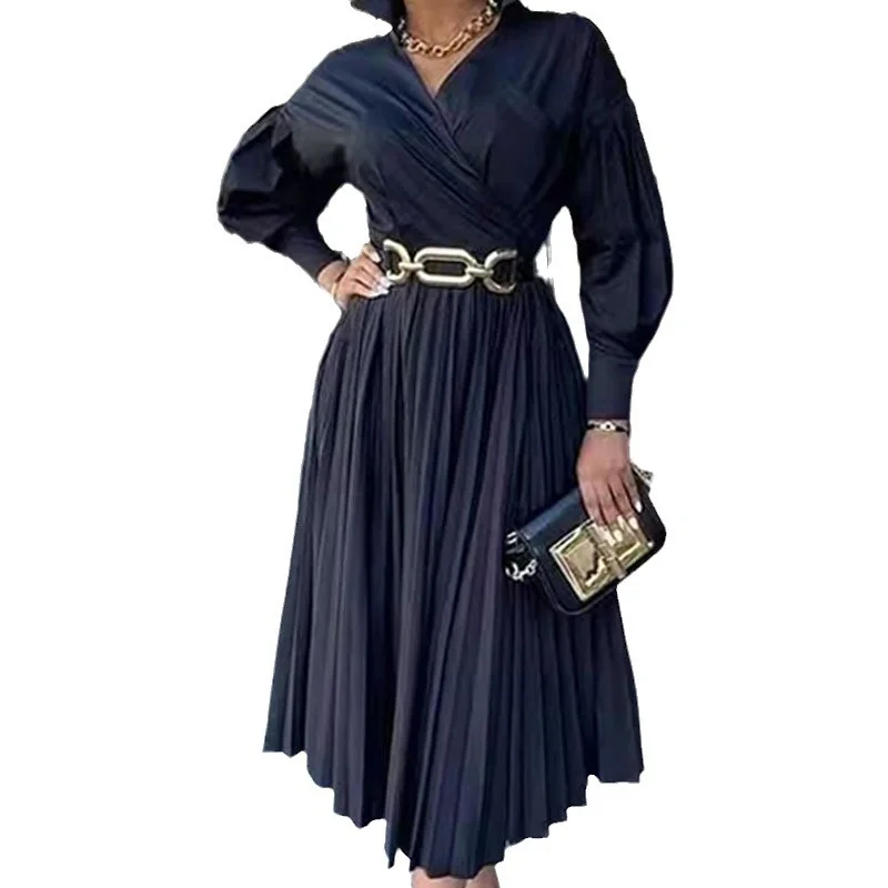 Uveng Uveng 2025 New African Women's Dress Temperament 100-Folded Black Collar Mid-Long Dress
