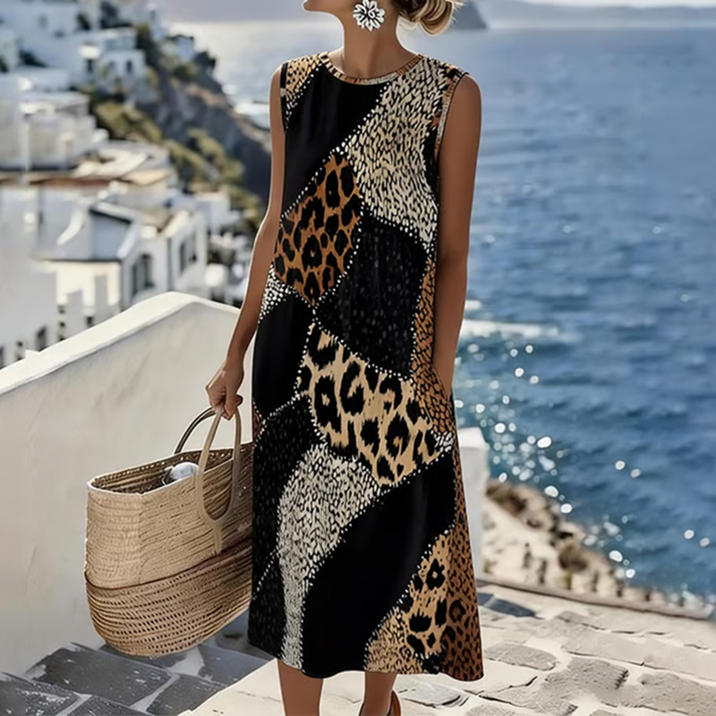 Retro Leopard And Animal Patchwork Art Linen Blend Loose Tank Dress wearshes