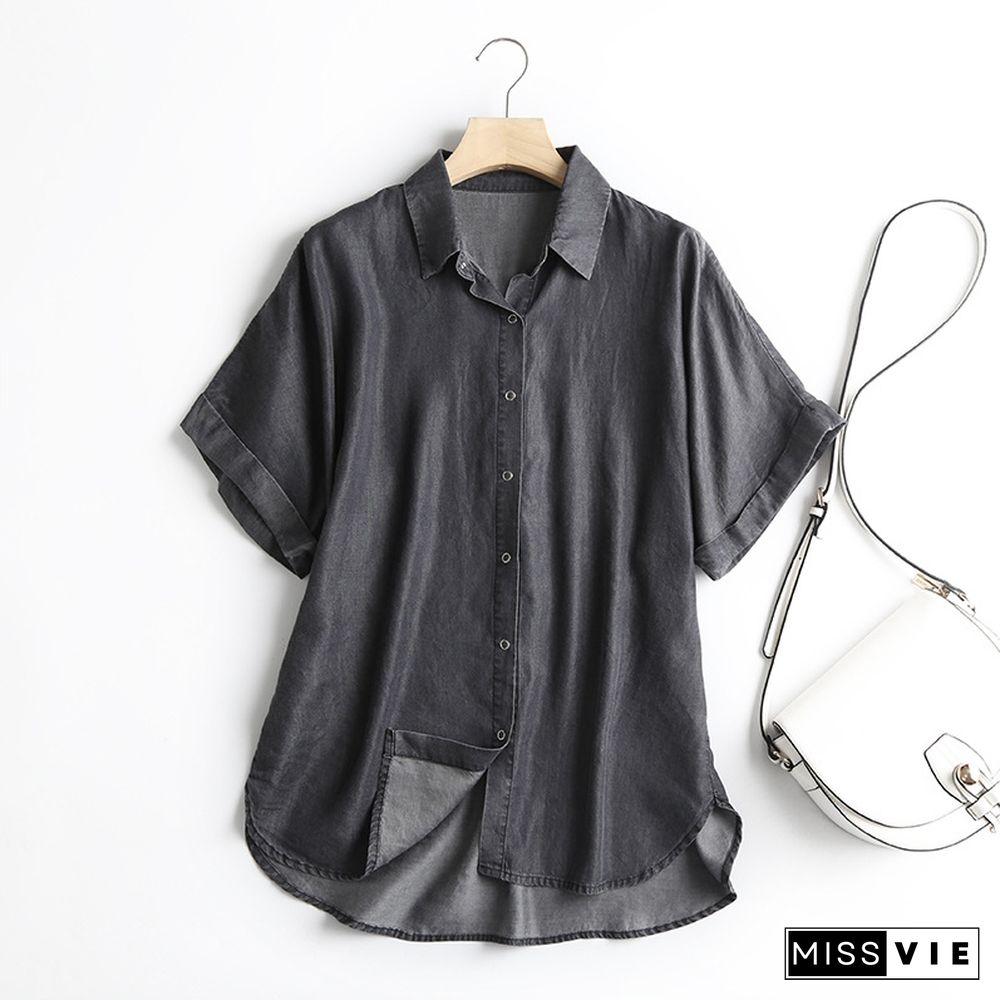 Blue Buttoned Short Sleeve V Neck Tops