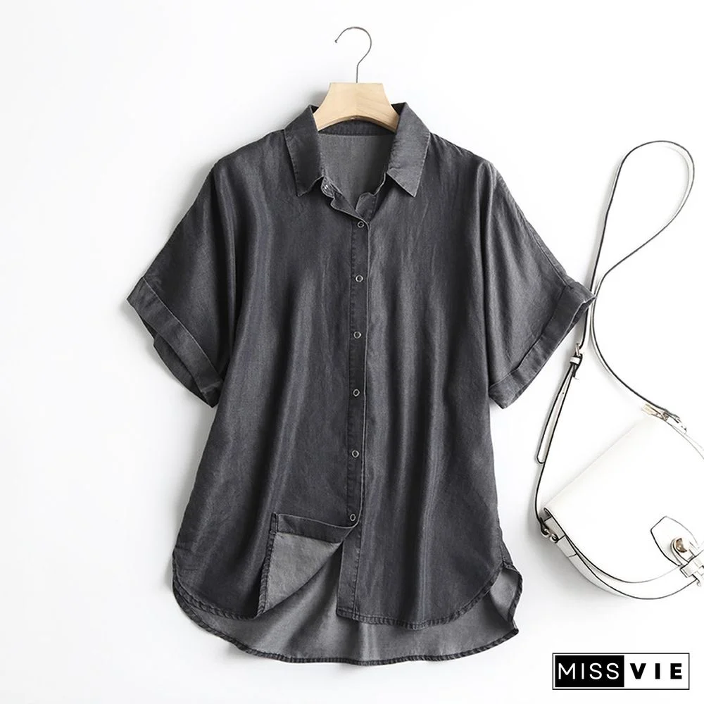 Blue Buttoned Short Sleeve V Neck Tops