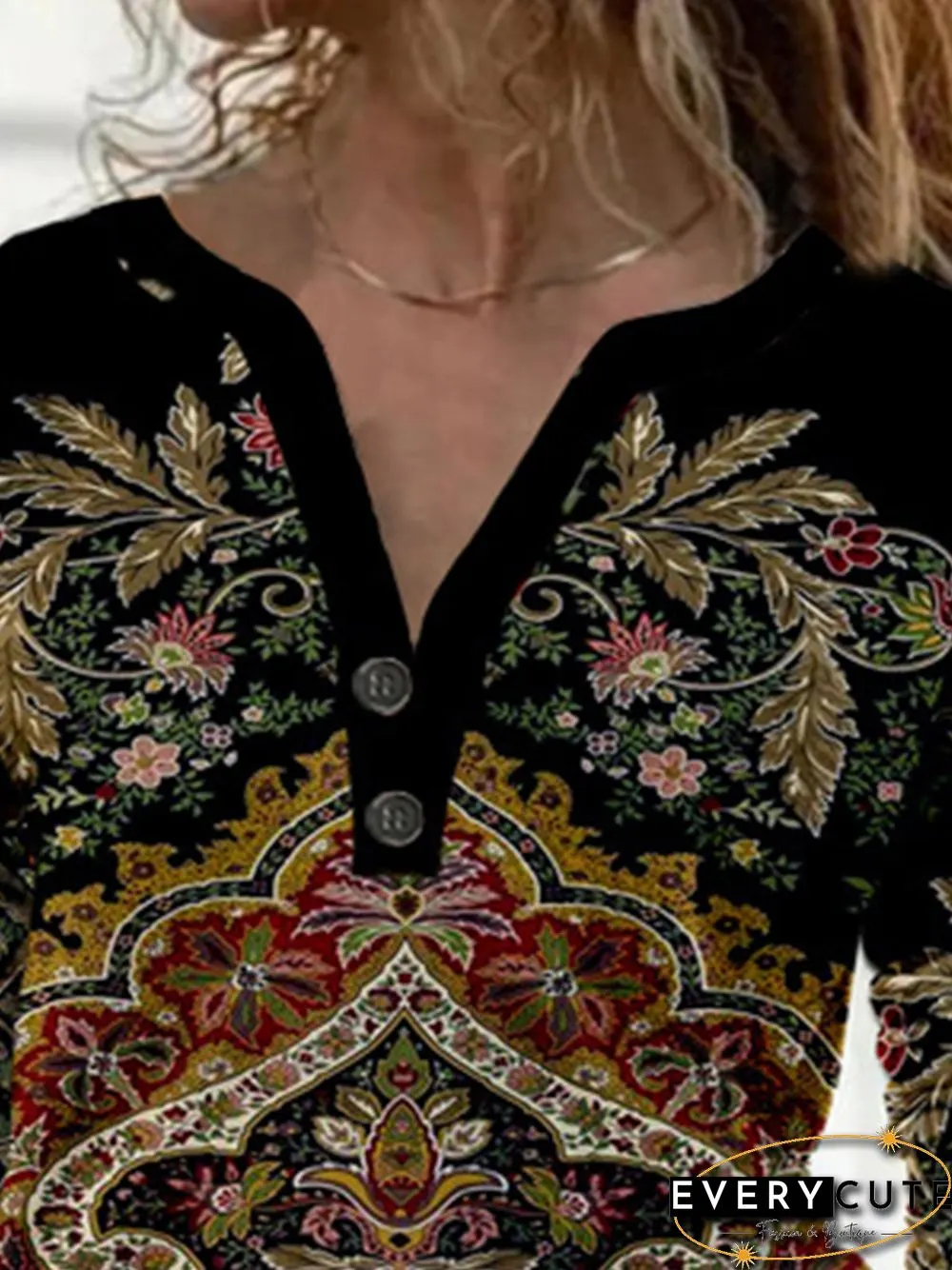 Paisley Printed Long Sleeve Polo Plus Size Casual Tops