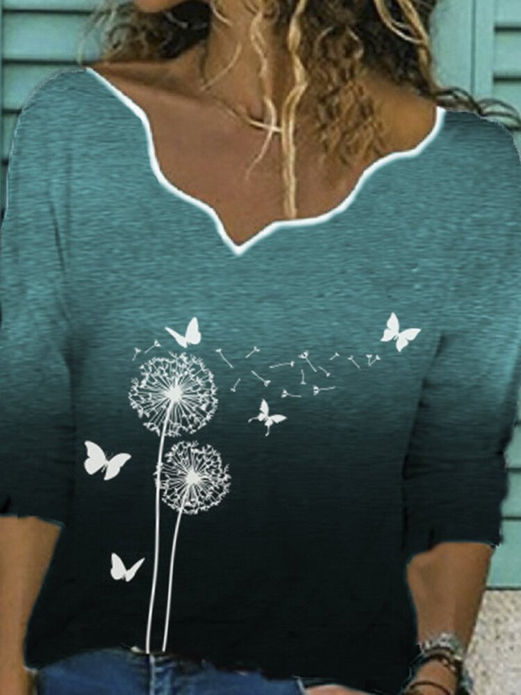 Women Butterfly Print Gradient Color Long Sleeve T Shirt P1780125