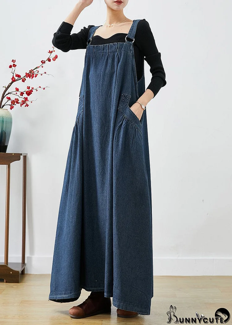 Classy Navy Oversized Exra Large Hem Denim Strap Dresses Fall