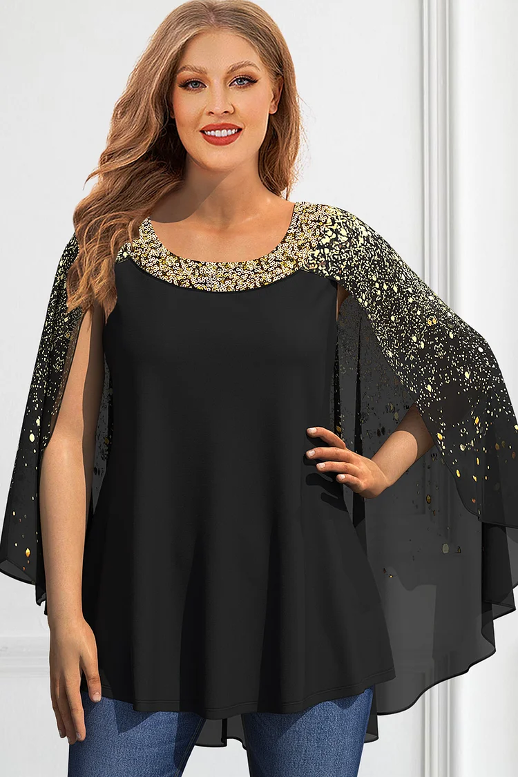 Flycurvy Plus Size Dressy Black Chiffon Sparkly Sequin Bronzing Print Cape Sleeve Blouse  Flycurvy [product_label]