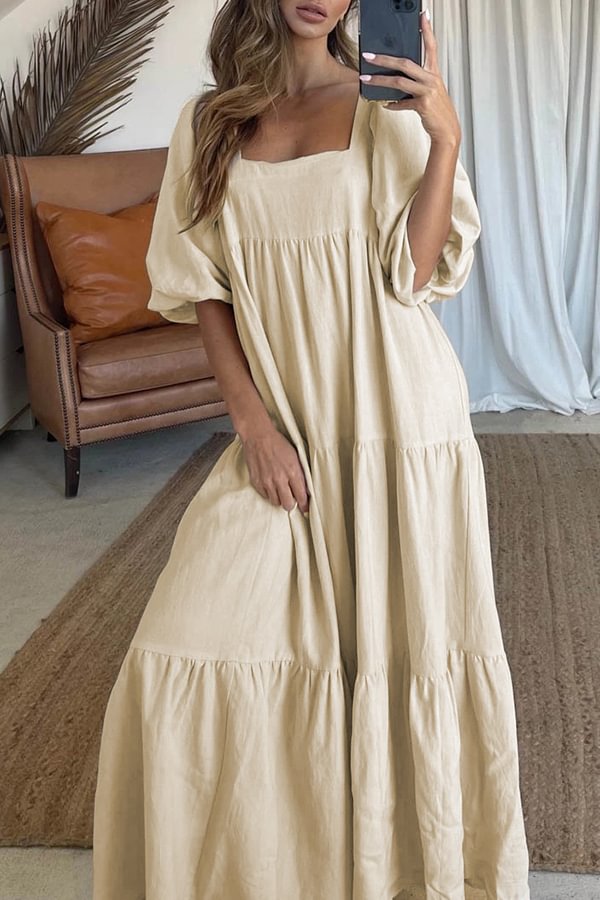 Pure Color Puff Sleeve Lace-up Pleated Elegant Square Neck Maxi Dress