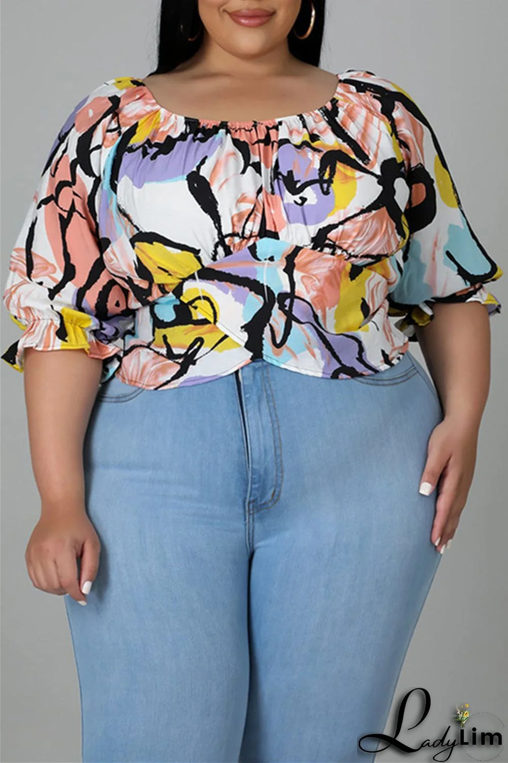 White Fashion Casual Print Split Joint Off the Shoulder Plus Size Tops
