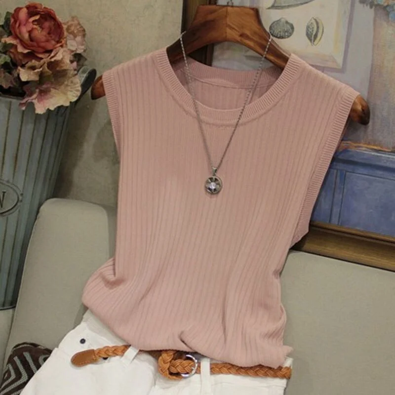 Summer O-neck Solid Casual Tank Fashion Female Sleeveless Thin Tops Knitted Vests Women Top Blusas Mujer De Moda 2021 4588 50