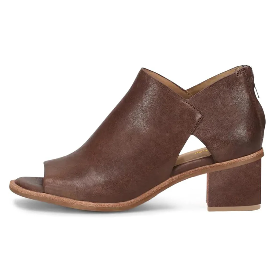 Brown Vegan Leather Square Toe Back-Zip Block Heel Ankle Boots 