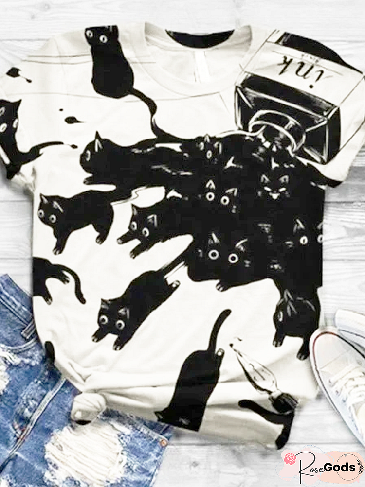 White-Black Crew Neck Animal T-Shirt