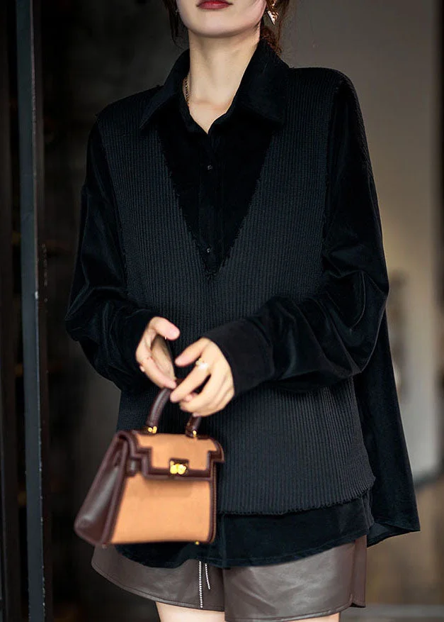 Women Coffee Peter Pan Collar Knit Patchwork Fake Two Piece Shirts