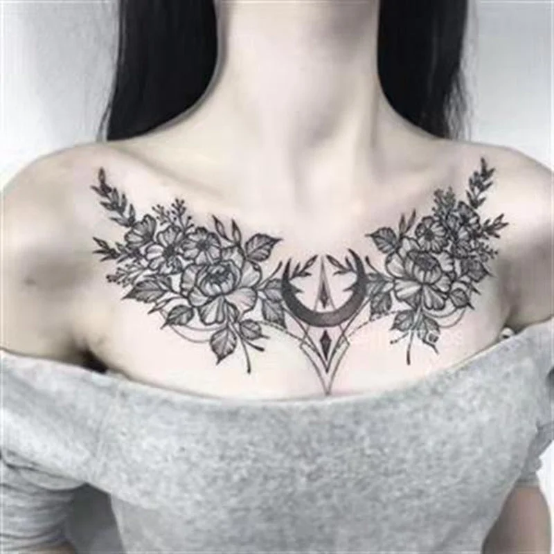 Dark Flower Temporary Tattoo Female Waterproof Sexy Gothic Clavicle Water Transfer Art Fake Tattoos Arm Chest Tattoo Stickers