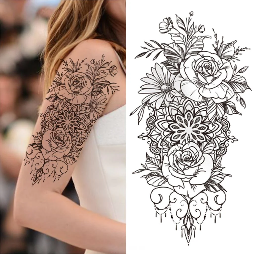 Geometry Rose Flower Temporary Tattoos For Women Girls Black Butterfly Bird Tattoo Sticker Fake Peony Geometric Body Art Tattos
