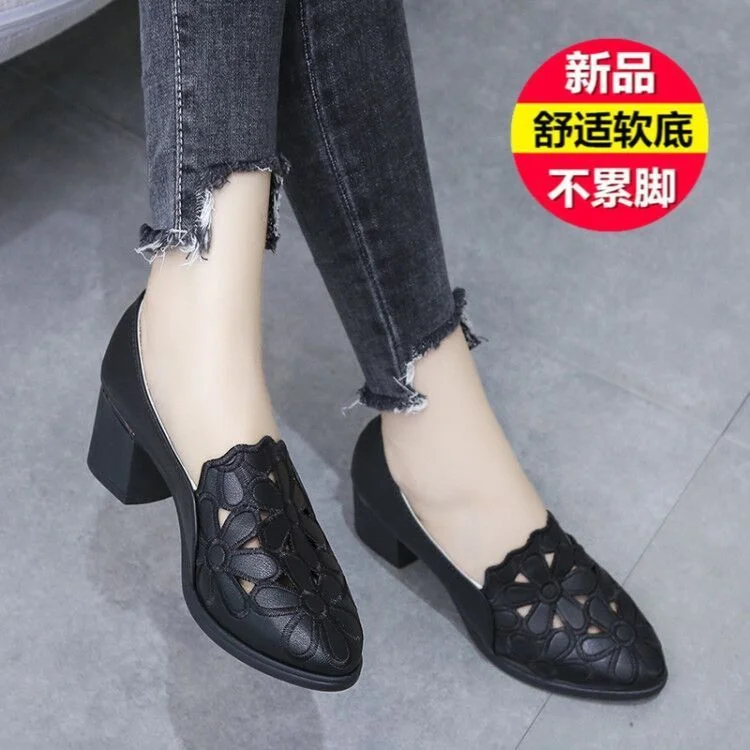 Wongn Wongn Shoes Women's Soft Leather 2023 New Hollow Out Breathable Embroidery Four Seasons Women's Mother Shoes Thick Heel Soft Sole Work Shoes