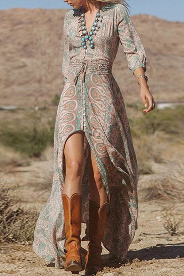 Deep V Neck Paisley Lantern Sleeves Maxi Dress