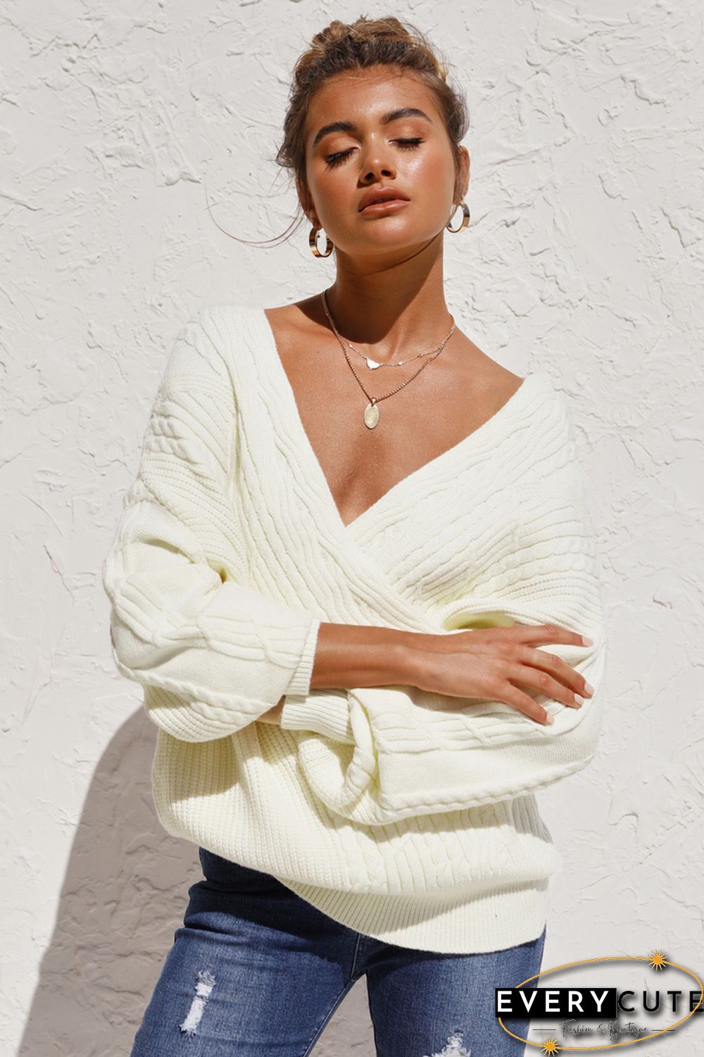 Beige Wrap V Neck Lantern Sleeve Textured Sweater