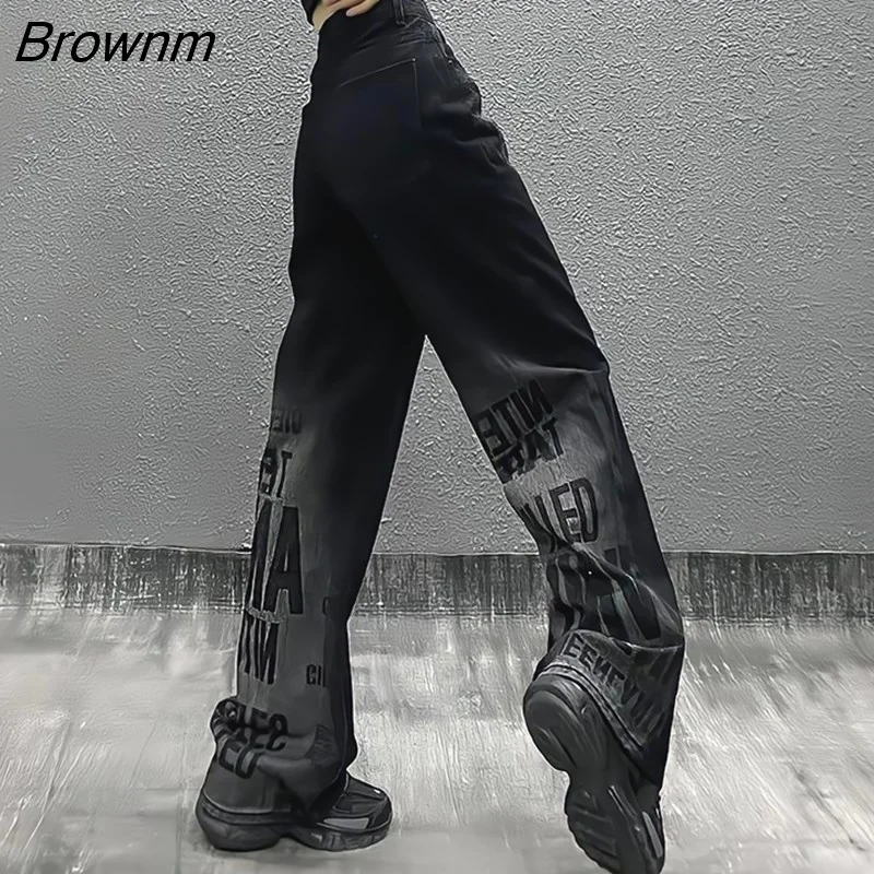 Brownm Y2k Streetwear Women Baggy Jeans Oversize Printed Letters New Vintage High Waist Denim Mopping Pants Do Old Trousers