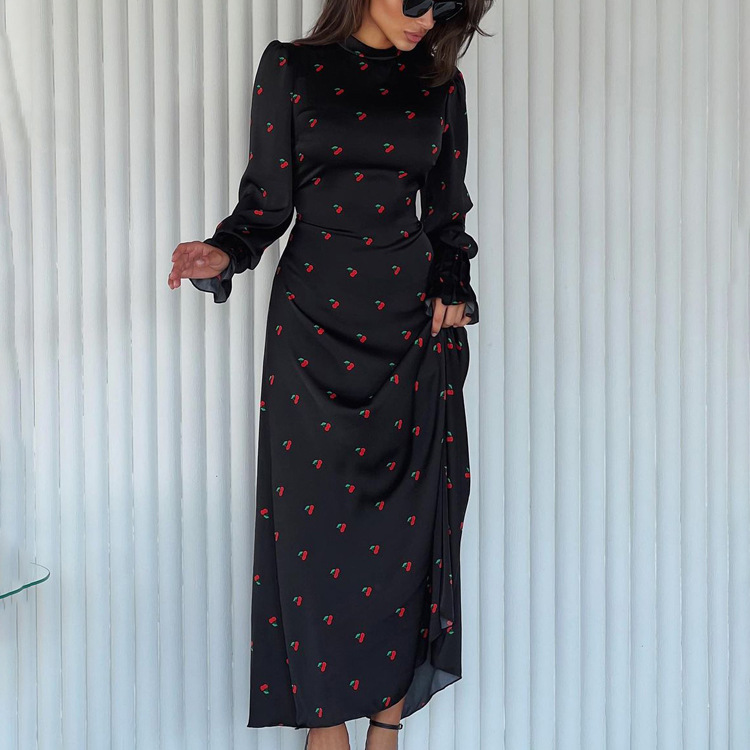 Ootddress Printed Bandage Fashion Long Dress Ladies Elegant Satin High Street Party Dress Casual Long Sleeve Patchwork Maxi Dress