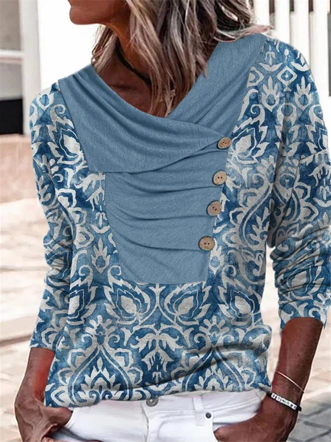 Women Long Sleeve V-neck Graphic Floral Printed Top