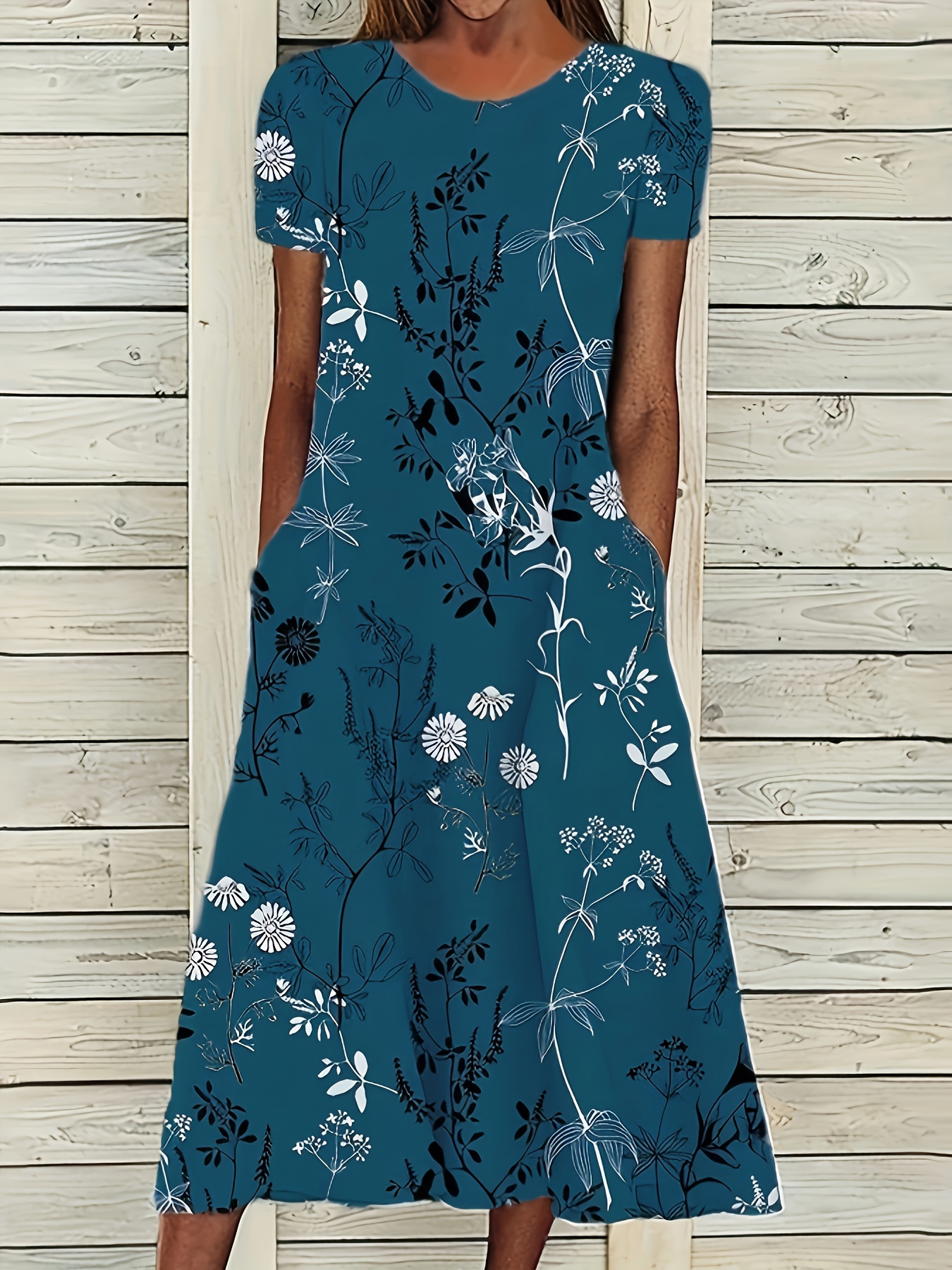 Short-Sleeve A-Line Floral Print Crewneck Dress For Spring Summer Elegant Womens Clothing | IFYHOME