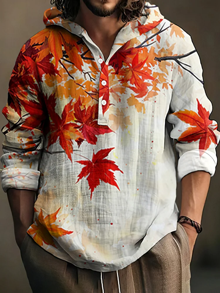 Men's Canada Maple Leaf Art Print Linen Blend Hooded Shirt