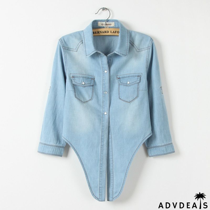 Puff Sleeve Bow Neck Denim Shirt